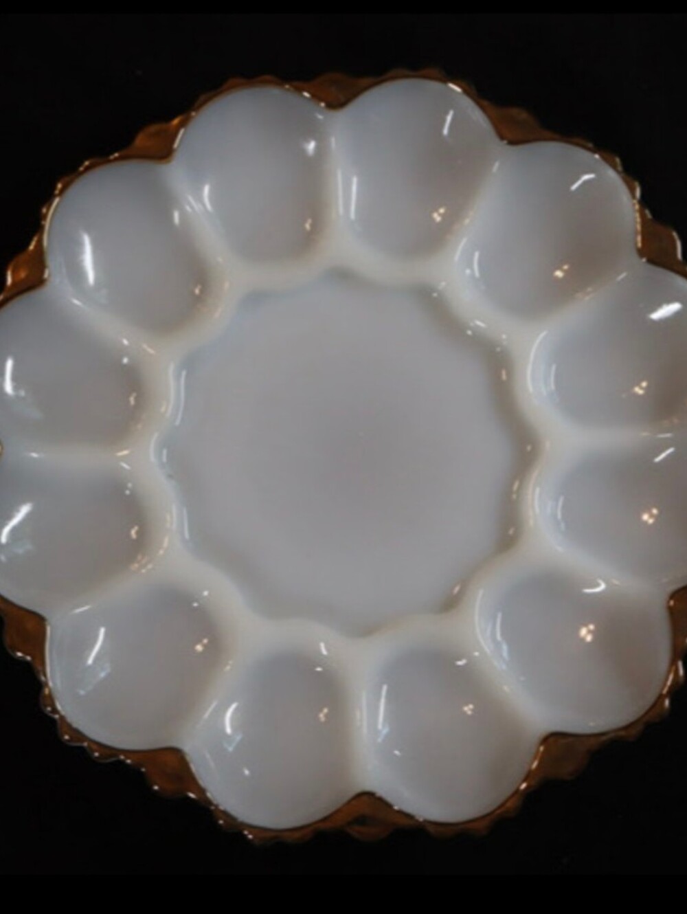 Vintage Anchor Hocking White Milk Glass Egg Serving Tray W/Gold Trim Accent